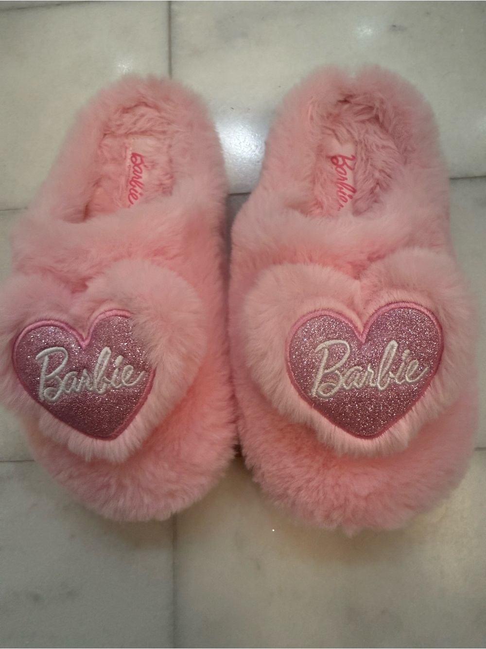 Barbie Pink Fuzzy Heart Slip-On Slippers. EUC.